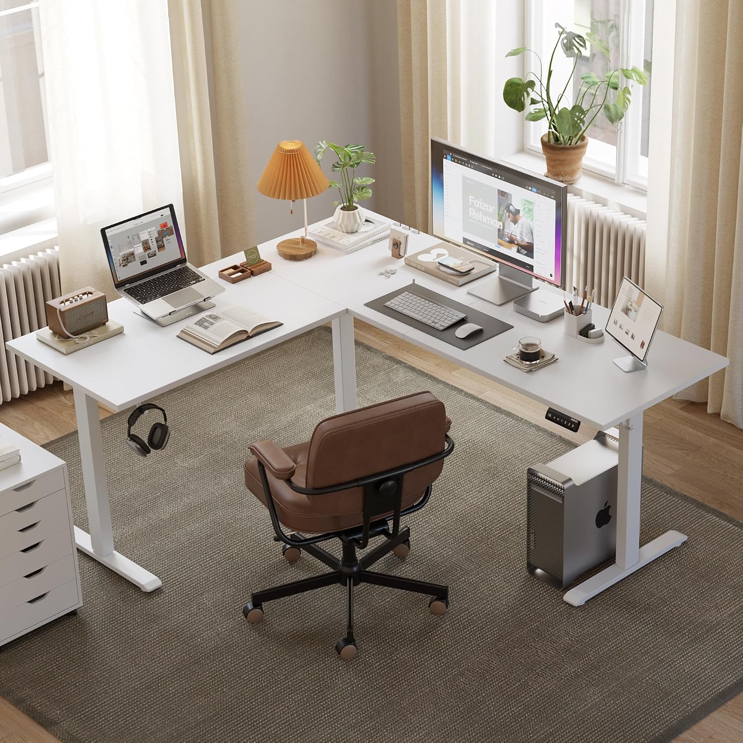 Agilestic L Shaped Standing Desk 63 x 55 inch Adjustable Height, Electric Corner Standing Desk, Sit Stand Computer Table with Splice Board, White