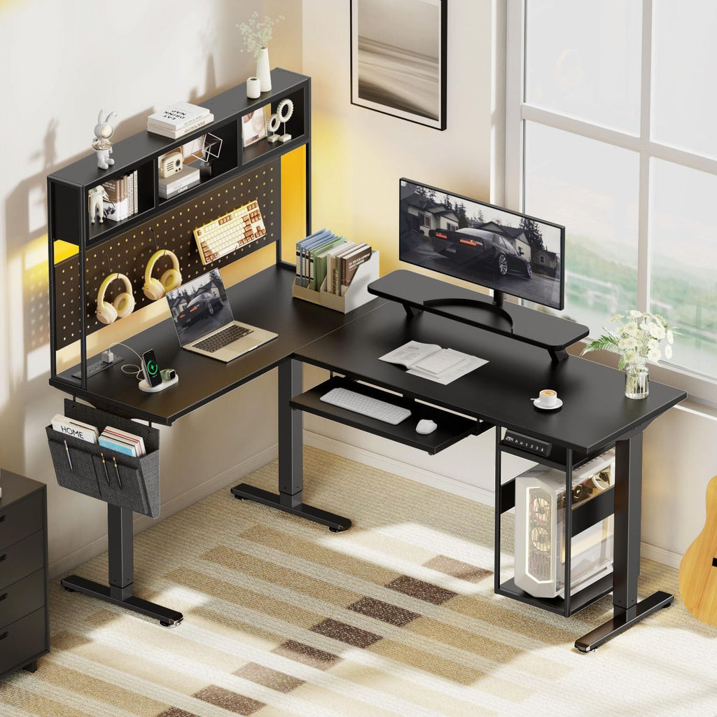 Flycity Electric L Shaped Standing Desk Adjustable Height, 67' x 47' Corner Computer Desk with Host Shelf, Gaming Desk with LED Lights & Power Outlet, Dual Motor Home Office Desk with Storage, Black
