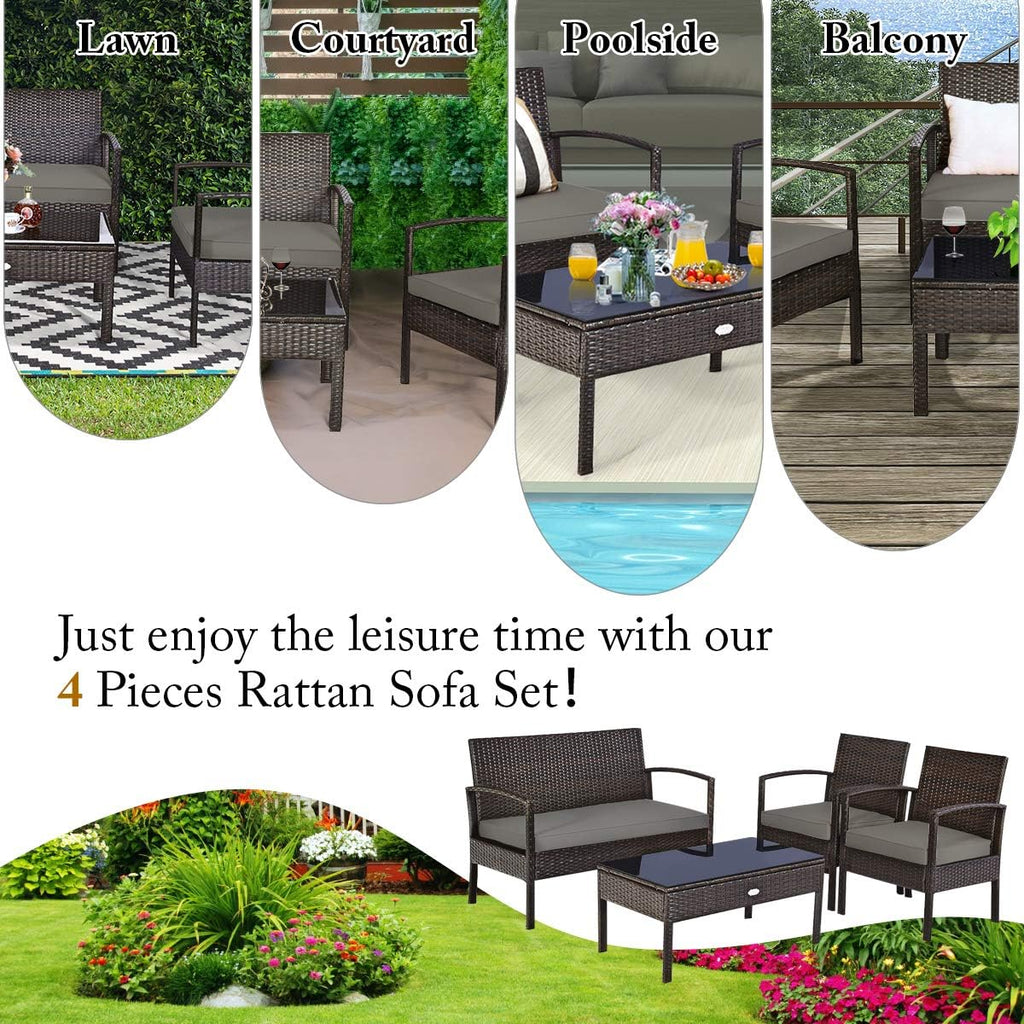 Tangkula 8-PCS Wicker Patio Conversation Furniture Set, Outdoor Rattan Chair and Table Set, Patio Furniture Sets with Coffee Table & Washable Cushions for Courtyard Balcony Garden (2, Brown)
