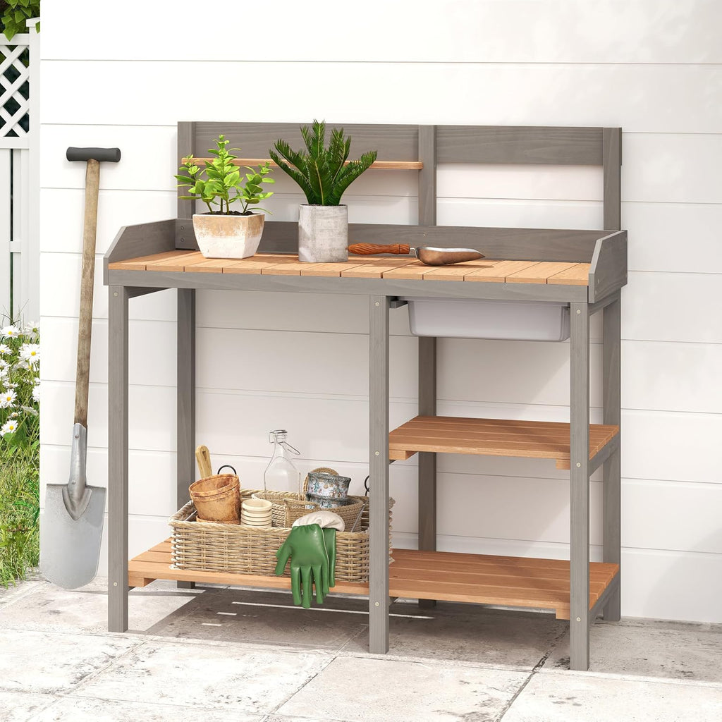 Wooden Potting Bench Table with Sink,Outdoor Garden Table Work Bench with Shelf, Workstation for Outside Lawn Patio