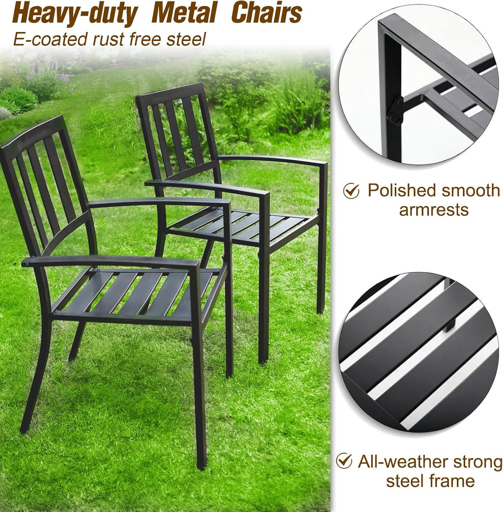 PHI VILLA 7 Pieces Outdoor Dining Set for 6, 65' Brown Wood-Like Metal Steel Dining Table & Stackable Black Iron Chairs, Large Outside Furniture Set for Patio, Deck, Yard, Porch
