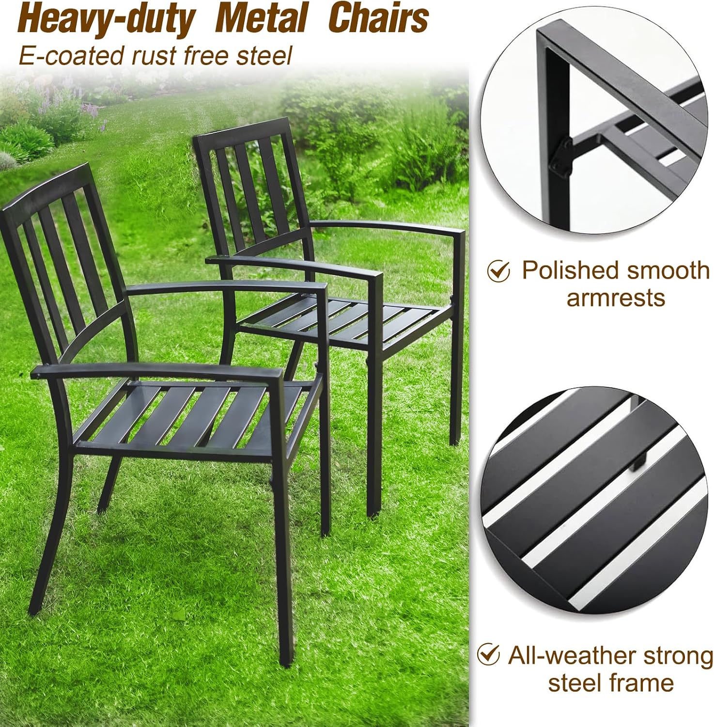 PHI VILLA 7 Pieces Outdoor Dining Set for 6, 65' Brown Wood-Like Metal Steel Dining Table & Stackable Black Iron Chairs, Large Outside Furniture Set for Patio, Deck, Yard, Porch
