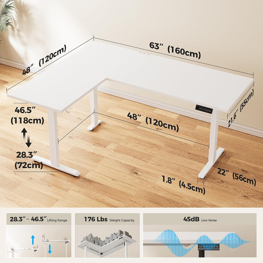 Agilestic L Shaped Standing Desk 63 inch Adjustable Height, Electric Corner Standing Desk, Sit Stand Computer Table with Splice Board, White