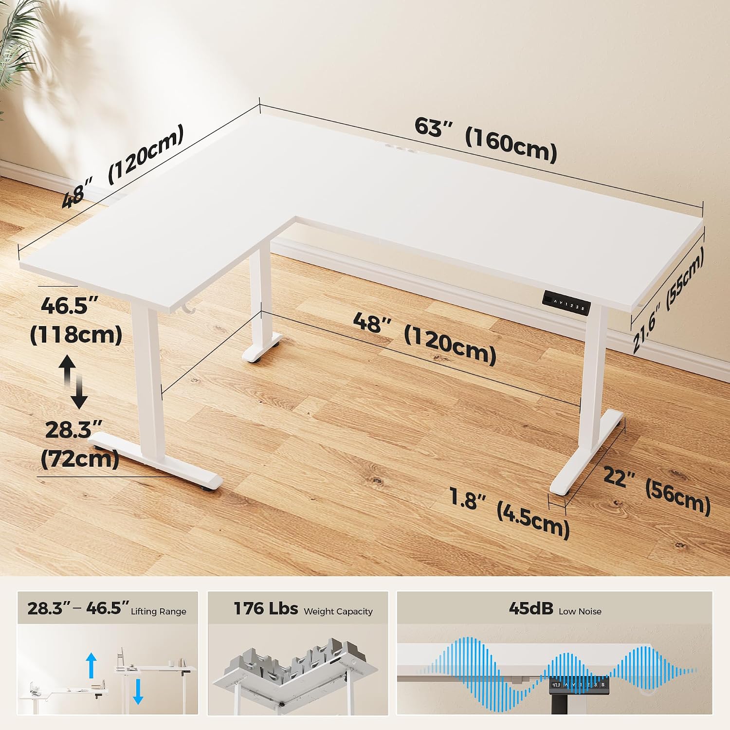 Agilestic L Shaped Standing Desk 63 inch Adjustable Height, Electric Corner Standing Desk, Sit Stand Computer Table with Splice Board, White