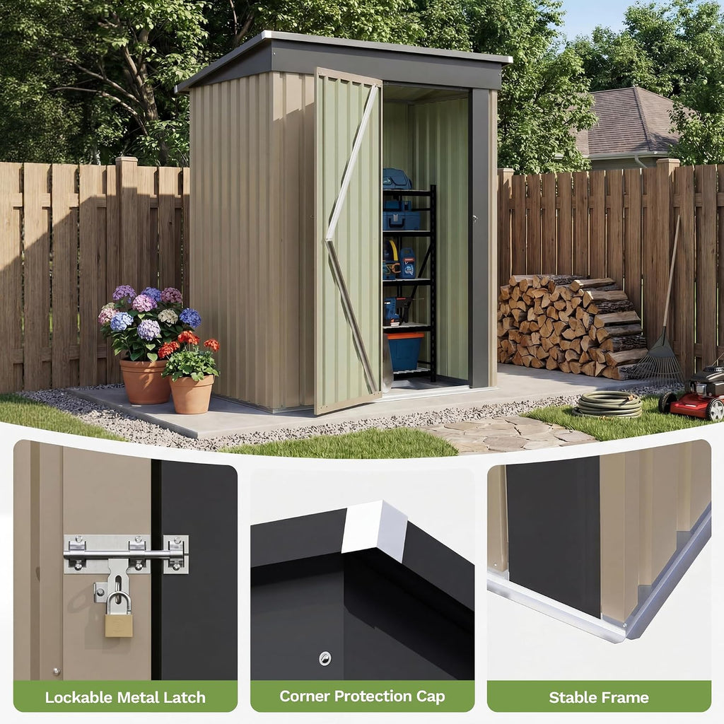 Patiowell 5x3 FT Outdoor Storage Shed with Floor Frame, Small Metal Garden Sheds with Sloping Roof and Lockable Door, Waterproof Patio Tool Shed for Backyard Garden Lawn, Brown
