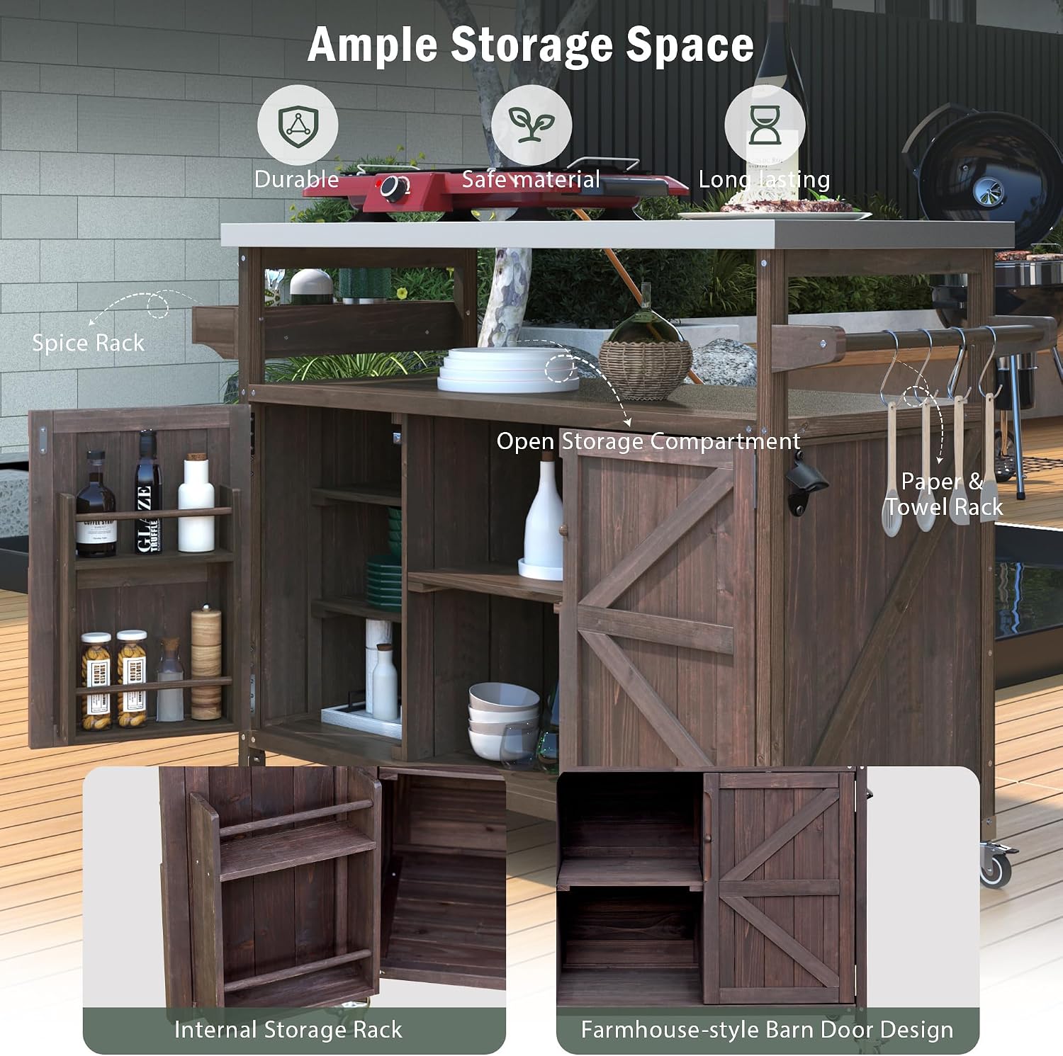 50.25' W Grill Cart with Stainless Steel Tabletop - Outdoor Storage Cabinet for BBQ, Bar Patio Kitchen Island with Ample Storage and Lockable Wheels