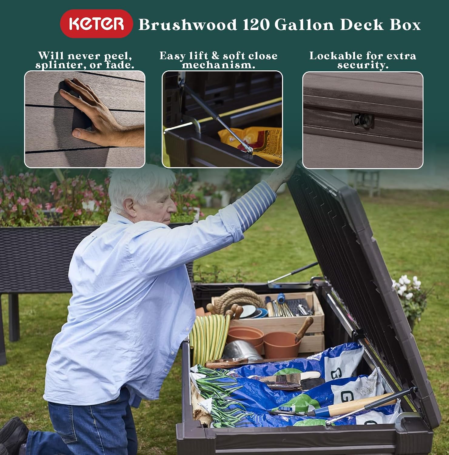 Keter Outdoor Storage Deck Box, for Patio, Backyard & Garden, Brushwood, 120 Gal, Brown - Lockable, Organizing, and Waterproof Plastic Container Bench