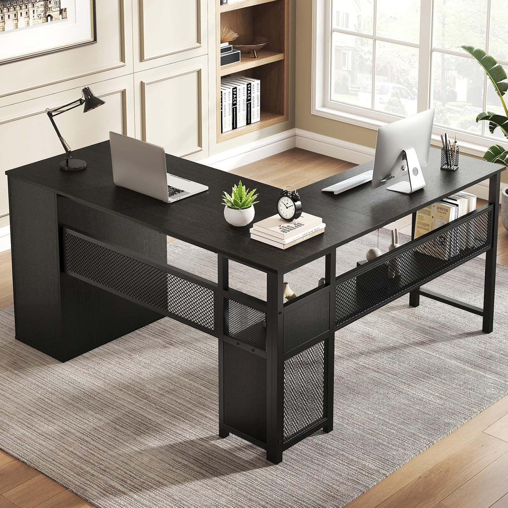 LVB Black L Shaped Desk, Reversible Computer Office Desk with Drawers, Modern Large L Shape Gaming Desk Table with File Cabinets, Wood Executive Corner Desk with Storage Shelf for Bedroom, 59 Inch