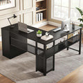 LVB Black L Shaped Desk, Reversible Computer Office Desk with Drawers, Modern Large L Shape Gaming Desk Table with File Cabinets, Wood Executive Corner Desk with Storage Shelf for Bedroom, 59 Inch