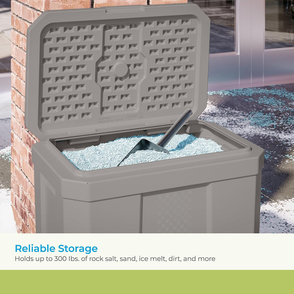 Suncast 28 Gallon Heavy Duty Storage Box, Durable, Multi-Purpose Container for Salt, Sand, Dirt, Ice Melt, and Outdoor Supplies, Made in the USA, Made in the USA