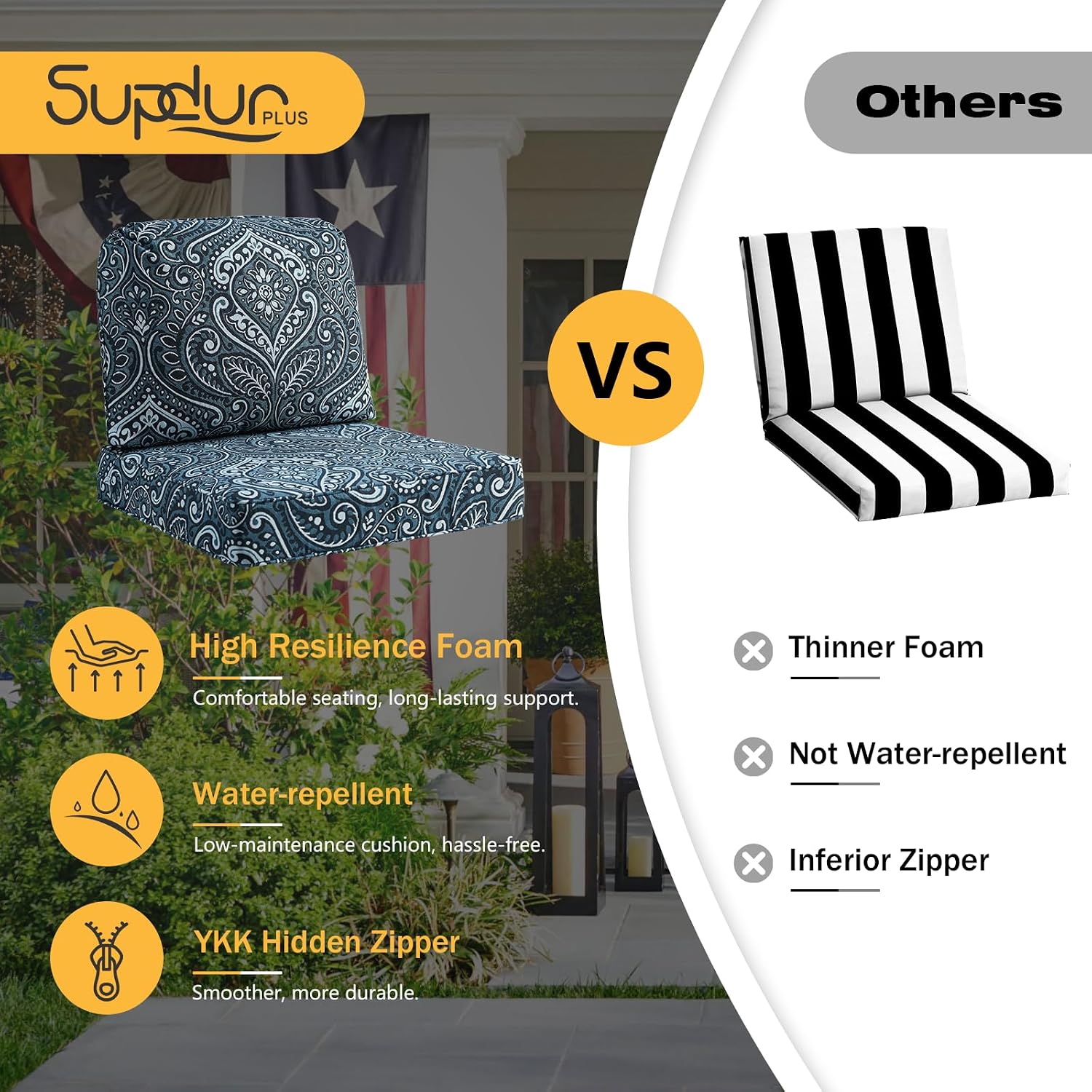 Outdoor Cushions for Patio Furniture Set of 2, 24'x24' Water Repellent Chair Cushions Removable Seat Bottom & Back Cushion Covers for Chair, Sofa, Couch, Damask Vine
