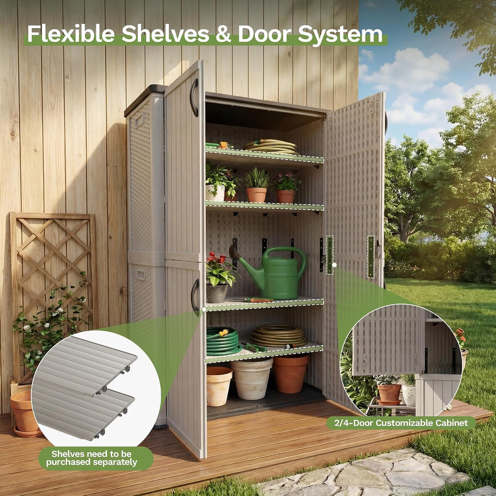 Patiowell 50 cu.ft Plastic Outdoor Storage Shed, Lockable Waterproof Resin Storage Cabinet Vertical Storage Shed for Garden Tools, Garbage Cans, Pool Supplies, Beige(Not Include Shelves)