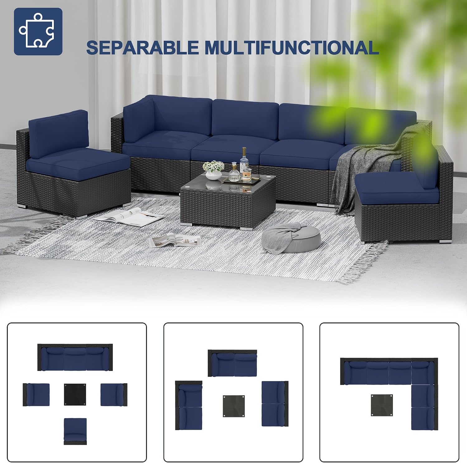 SUNCROWN 7-Piece Outdoor Patio Furniture Sofa Set All-Weather Black Wicker Sectional Cushioned Washable Seat Conversation Set with Modern Glass Coffee Table and Cushions, Backyard, Garden, Dark Blue