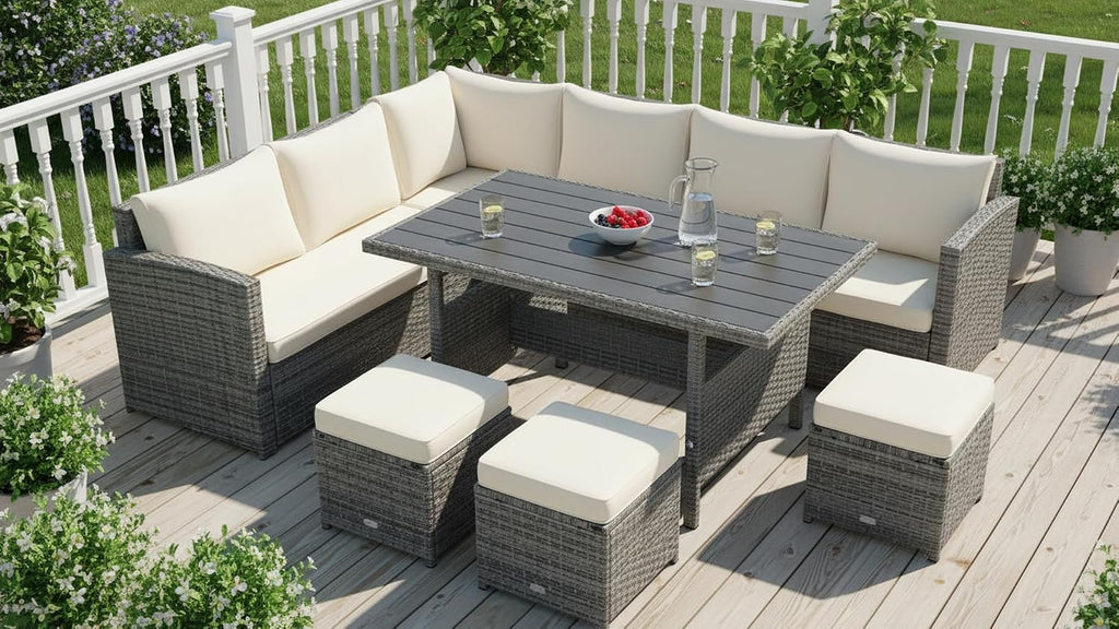 Tangkula 7 Pieces Patio Furniture Set, Outdoor Sectional Rattan Dining Sofa Set with Cushions, All Weather Wicker Conversation Couch Set with Dining Table & Ottomans for Yard Garden Poolside, White