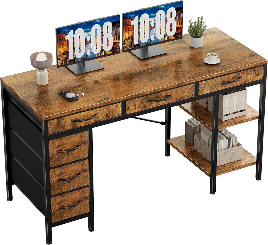 Sweetcrispy 55' Computer Desk with 6 Drawers, Home Office Gaming Desks with Storage Shelves for Bedroom, Writing Study Corner Living Room Work Table Rustic Brown