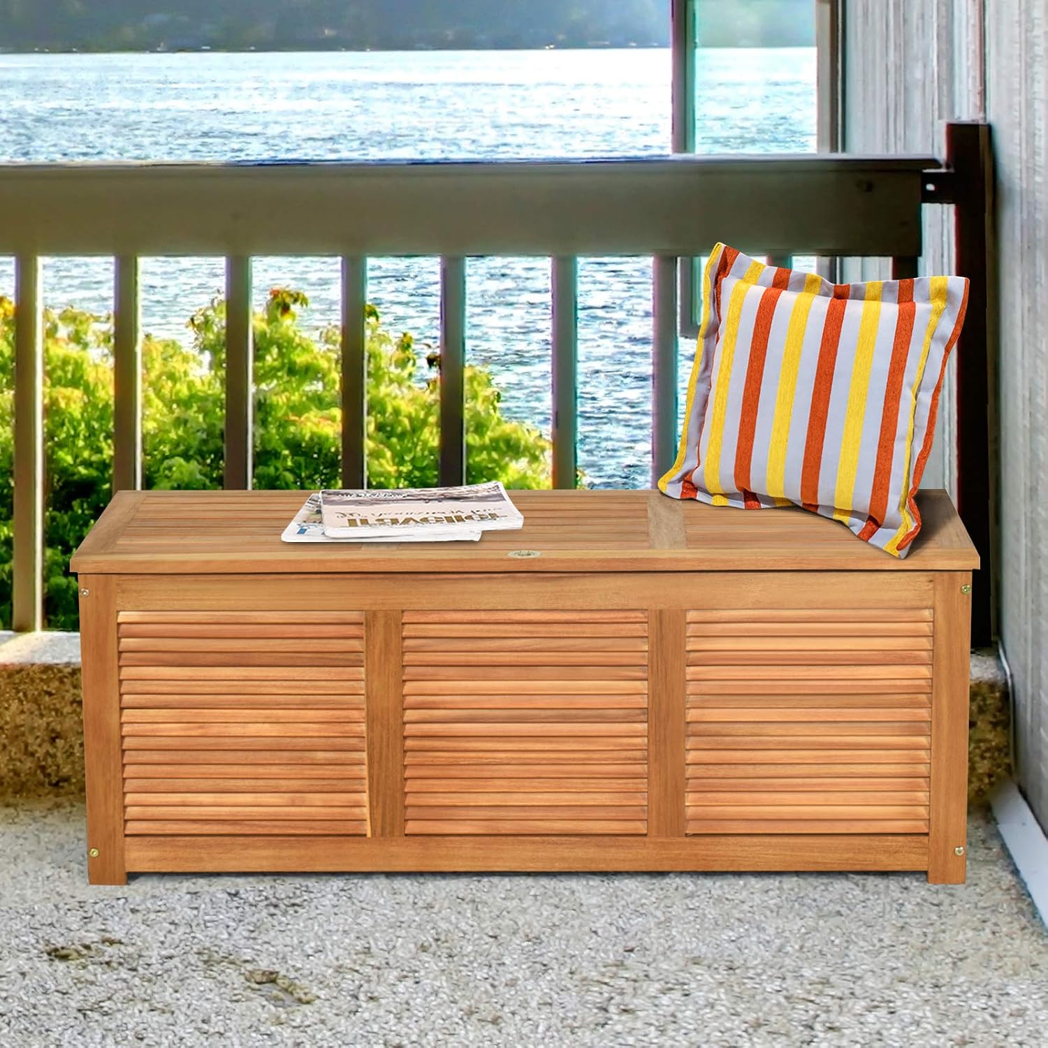Tangkula 46 Gallon Acacia Wood Deck Box, Garden Backyard Storage Bench, Outdoor Storage Container for Patio Furniture Cushions and Gardening Tools