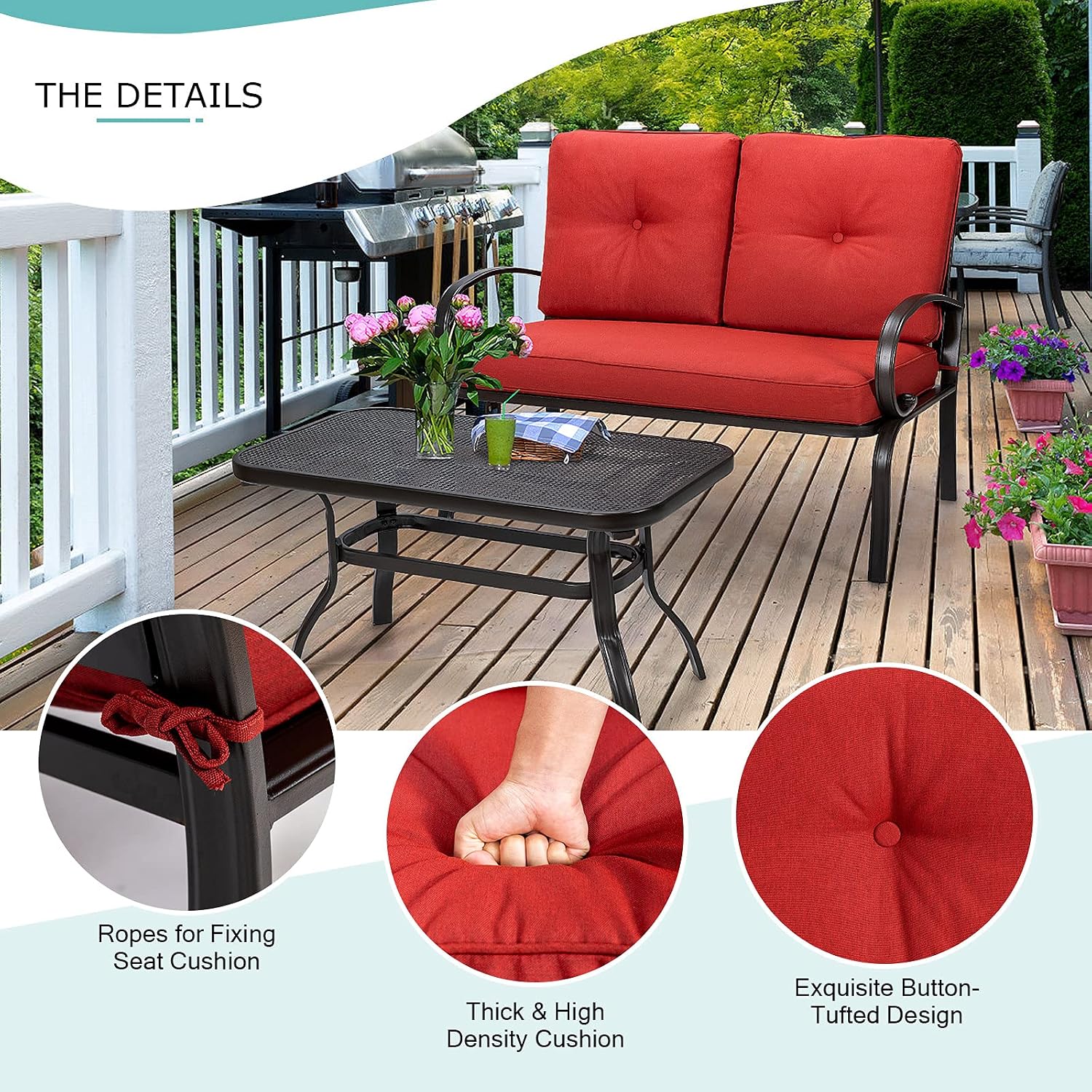 Giantex Patio Loveseat with Coffee Table Outdoor Bench with Cushion and Metal Frame, Loveseat Porch Furniture Set Sofa for Garden, Yard, Patio or Poolside (Red & Black)