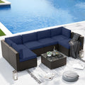 SUNCROWN 7-Piece Outdoor Patio Furniture Sofa Set All-Weather Black Wicker Sectional Cushioned Washable Seat Conversation Set with Modern Glass Coffee Table and Cushions, Backyard, Garden, Dark Blue