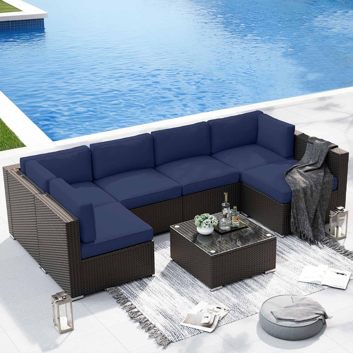 SUNCROWN 7-Piece Outdoor Patio Furniture Sofa Set All-Weather Black Wicker Sectional Cushioned Washable Seat Conversation Set with Modern Glass Coffee Table and Cushions, Backyard, Garden, Dark Blue