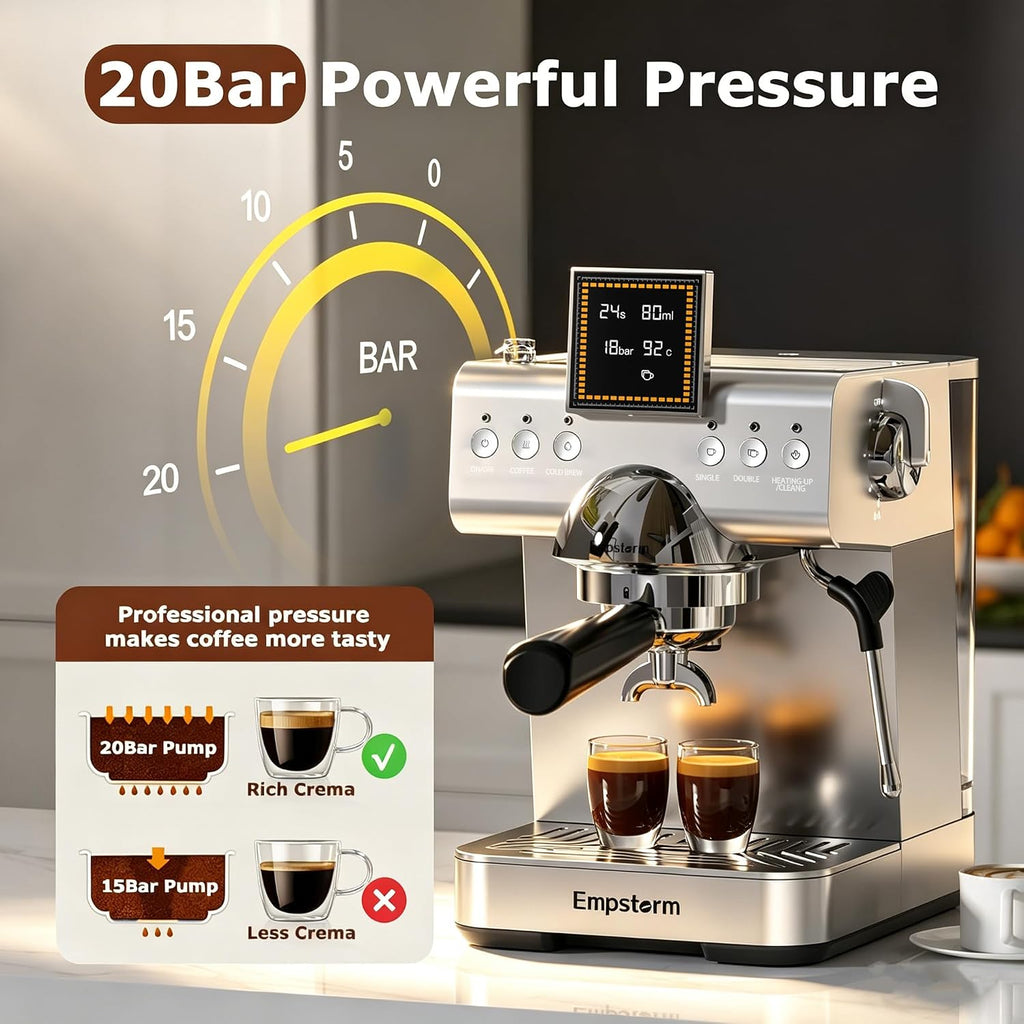 20 Bar Espresso Machine with Milk Frother 1350W Coffee Maker with Hot& Cold Dual-Mode Brewing Compact Stainless Steel Latte & Cappuccino Machine with PID Temp Control for Home Office, 50oz Water Tank