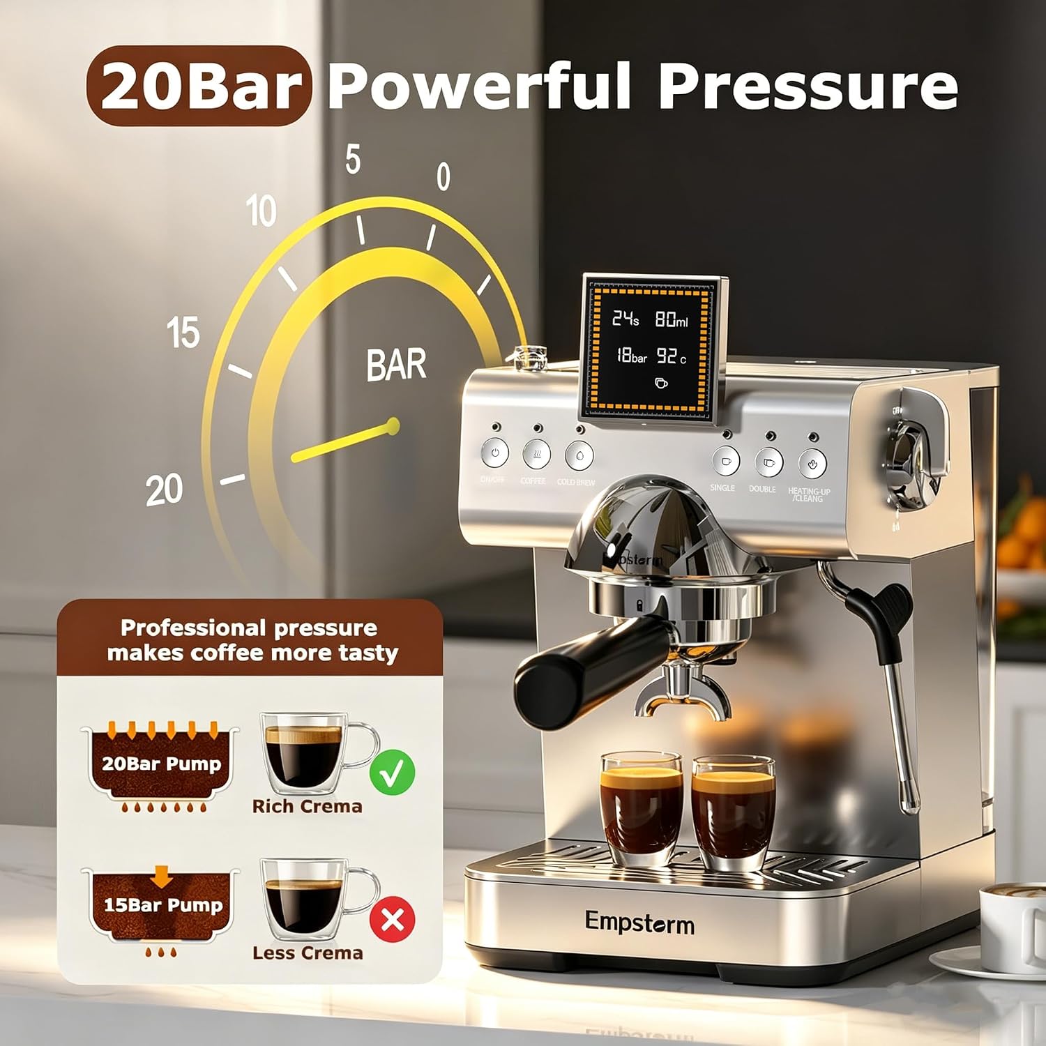 20 Bar Espresso Machine with Milk Frother 1350W Coffee Maker with Hot& Cold Dual-Mode Brewing Compact Stainless Steel Latte & Cappuccino Machine with PID Temp Control for Home Office, 50oz Water Tank