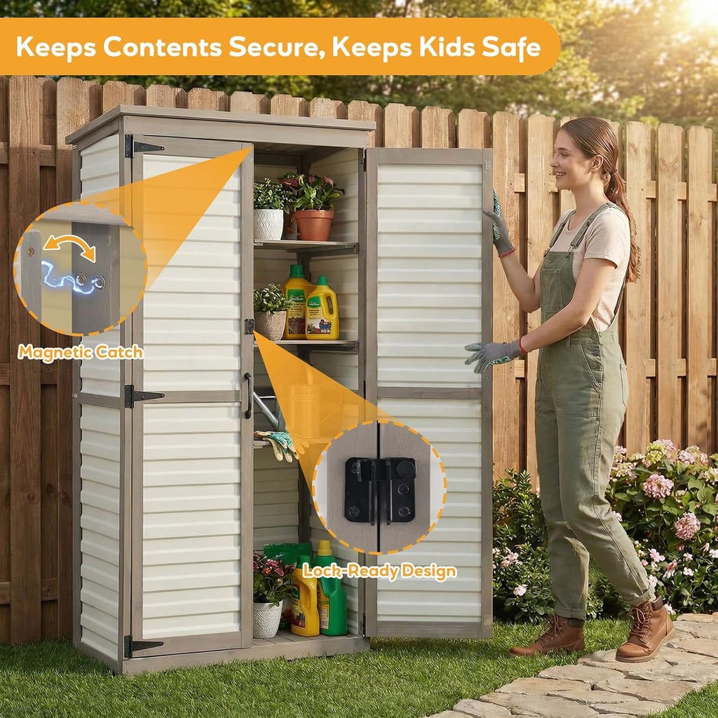 Outdoor Storage Cabinet with Shelves, Lockable Garden Shed, Wood & Plastic Weatherproof Outside Tool Cabinet for Patio, Backyard, Balcony White
