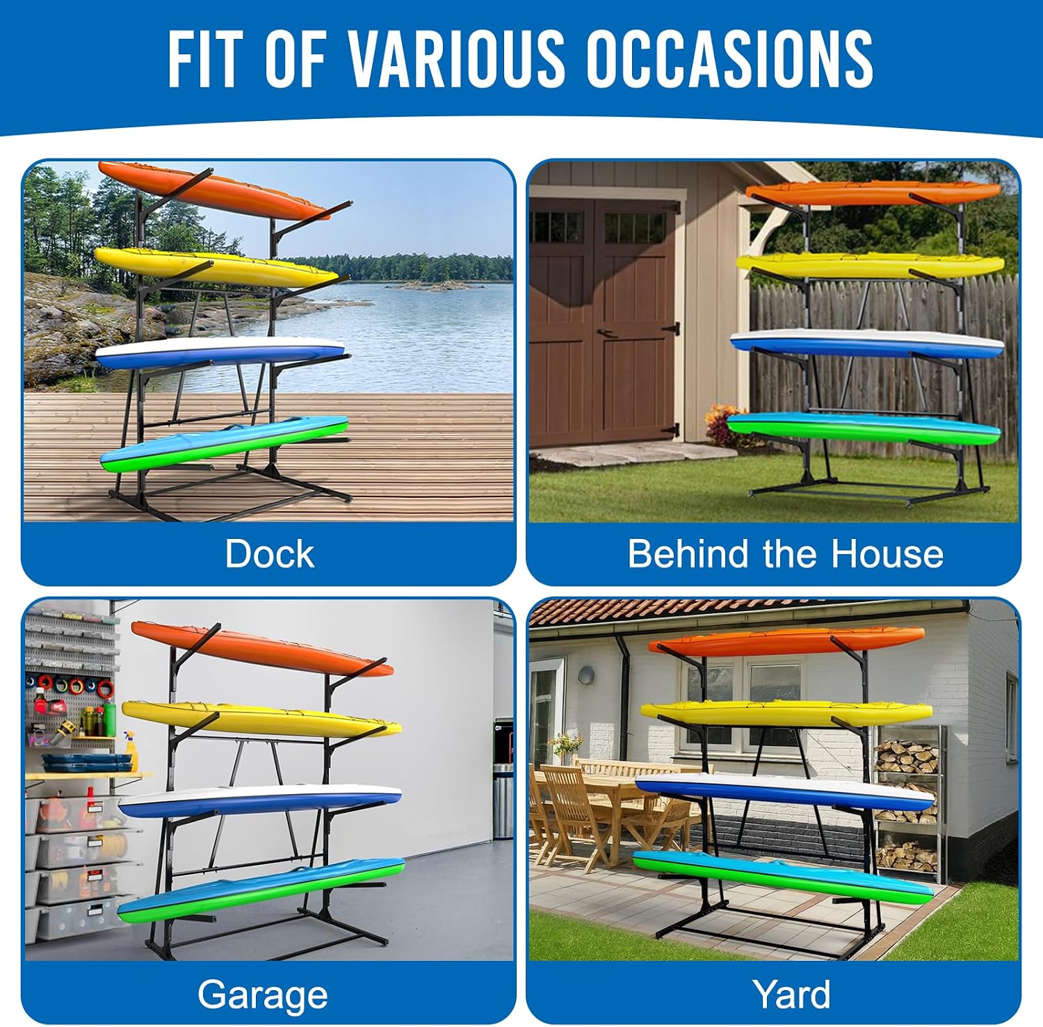 Kayak Racks for Outdoor Storage, Kayak Storage Rack, 4 Tier Adjustable Freestanding Kayak Rack Holder for Paddleboard Surfboard SUP