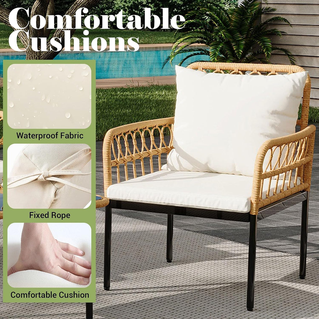 4 Pieces Patio Furniture Set,Outdoor All-Weather Wicker Rattan Bistro Set with Glass Table and Thick Cushions Boho Loveseat Chairs for Balcony Garden Backyard Poolside,Beige