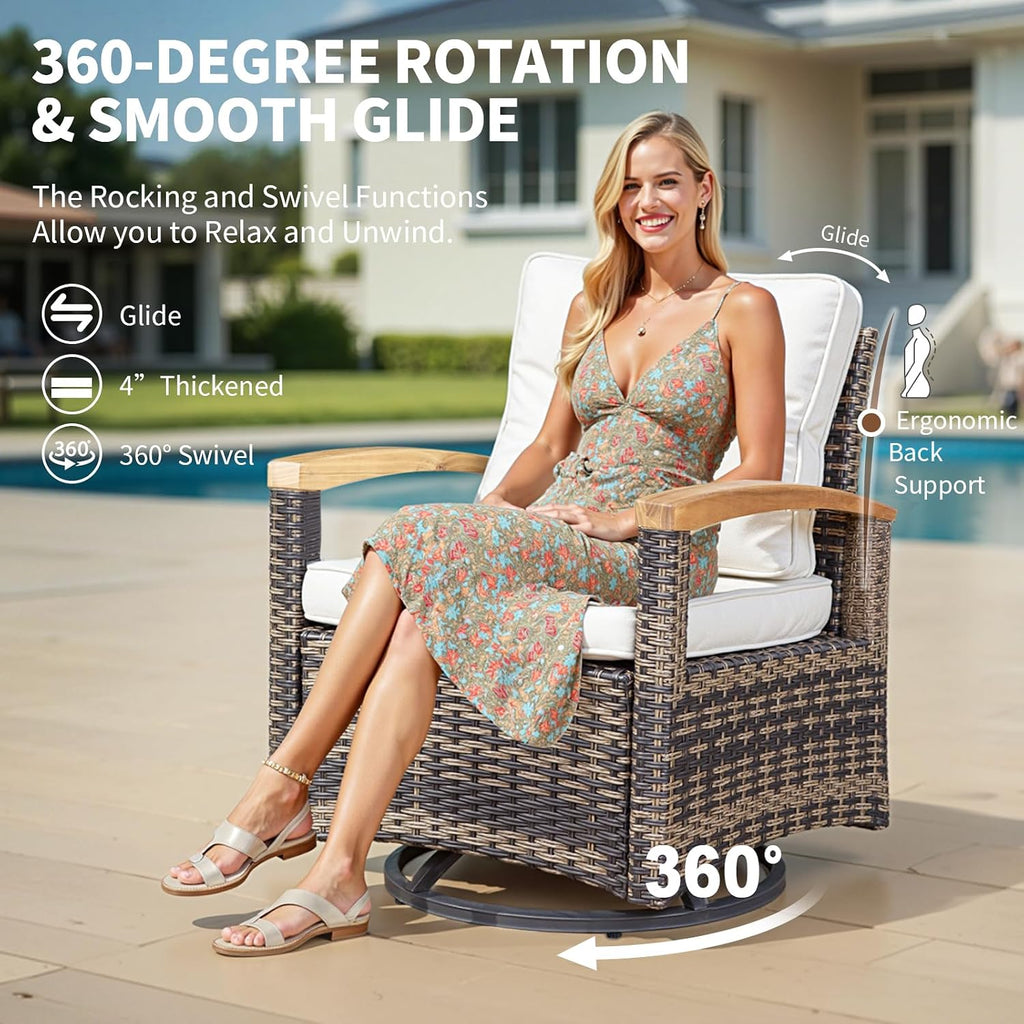 MEISSALIVVE 7 Pieces Patio Furniture Sets with Fire Pit Table, Wicker Outdoor Conversation Sets with 4 Swivel Rocker Chairs and Side Table(Beige)