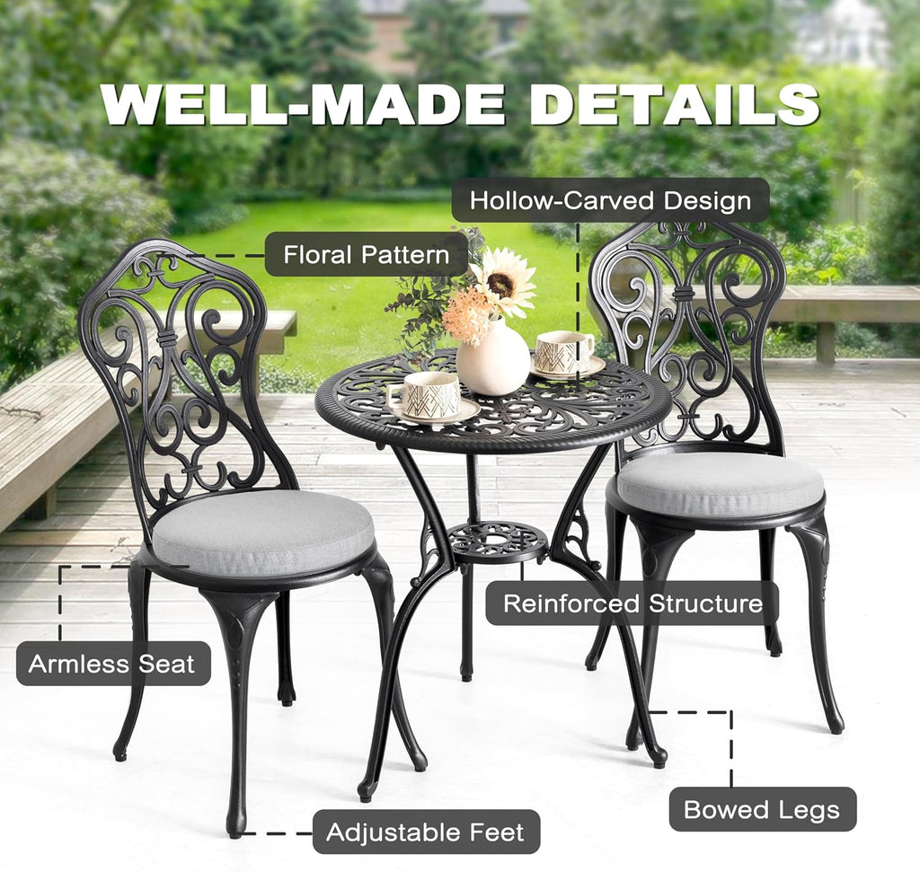 NUU GARDEN 3 Pieces Patio Bistro Set, Outdoor Bistro Set with 2 Chairs, Round Table with Umbrella Hole, Outdoor Bistro Set with Umbrella Hole and Grey Cushions, Black