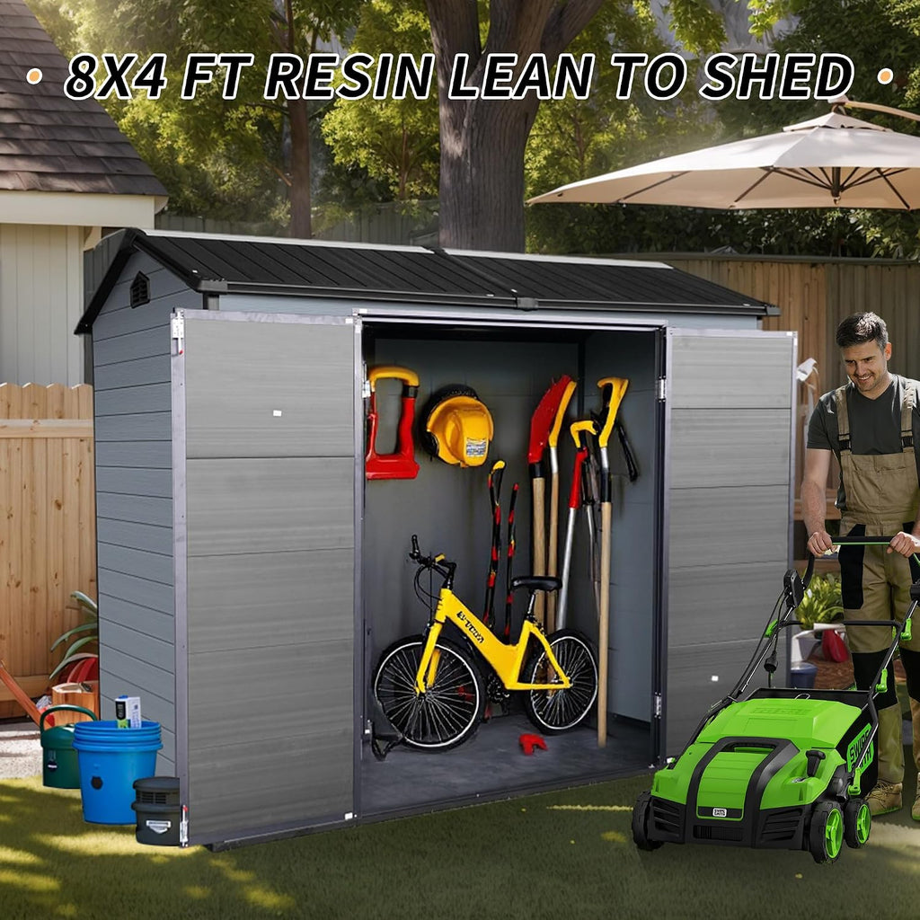 YOPTO 4x8 Ft Resin Outdoor Storage Shed Weather Resistant with Floor,Outdoor Resin Storage Shed W/ 2 Windows,Garden Tool House W/Lockable Door & Slpoed Roof,for Backyard,Patio,Lawn,Gray+Black