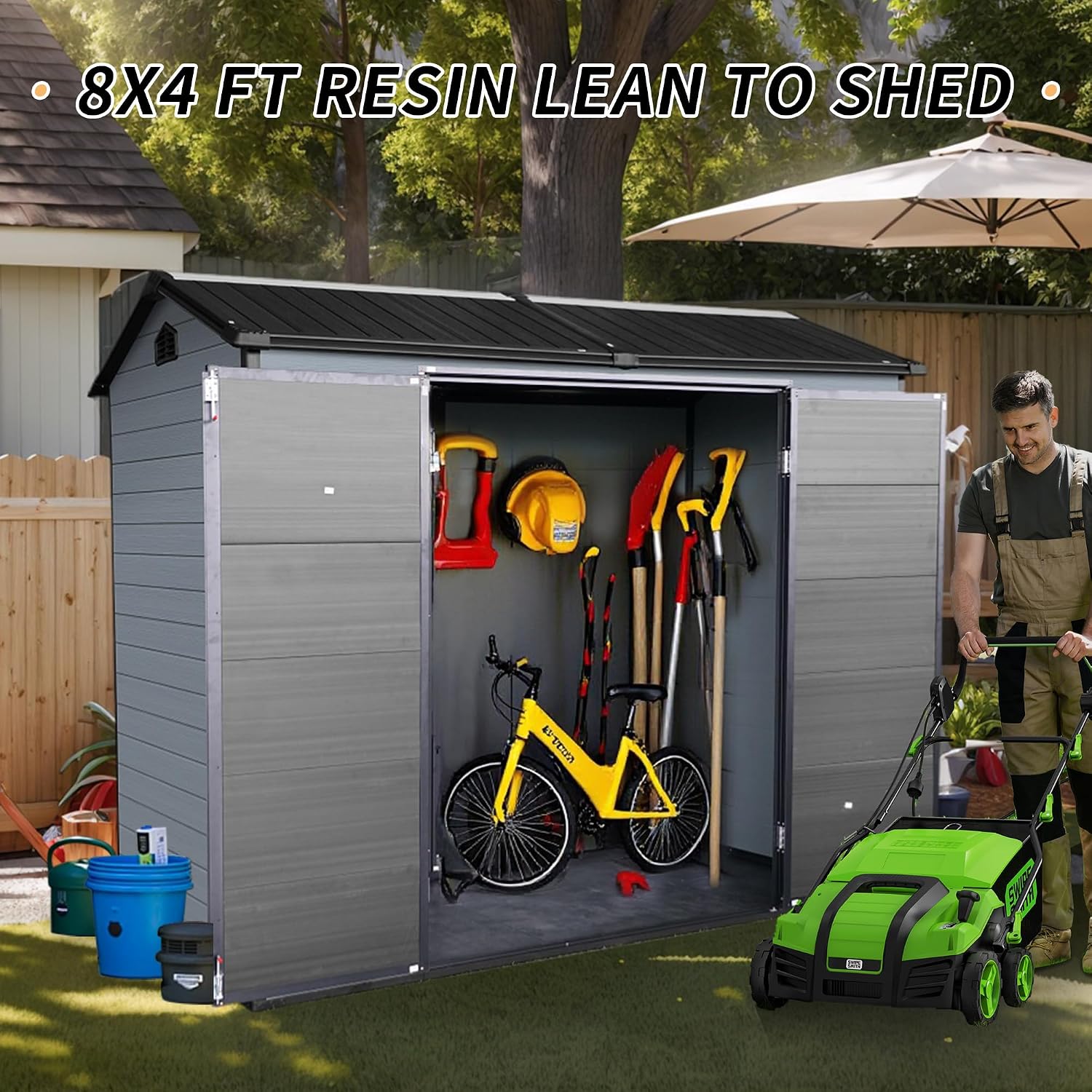 YOPTO 4x8 Ft Resin Outdoor Storage Shed Weather Resistant with Floor,Outdoor Resin Storage Shed W/ 2 Windows,Garden Tool House W/Lockable Door & Slpoed Roof,for Backyard,Patio,Lawn,Gray+Black