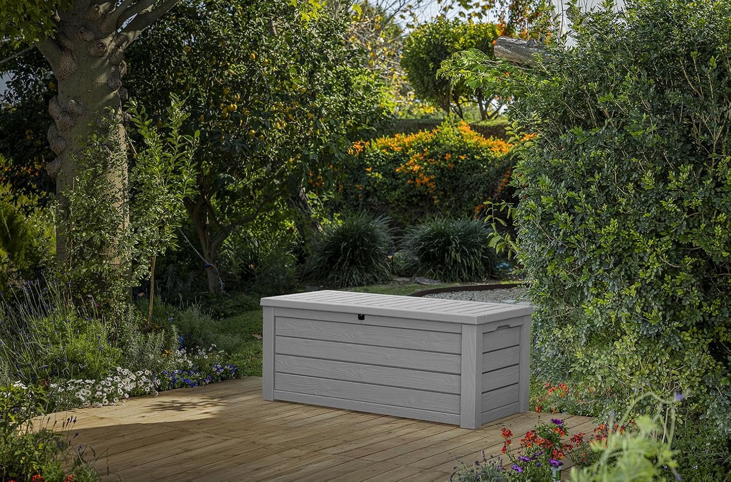 Keter Westwood 150 Gallon Resin Large Outdoor Storage Box for Patio Furniture, Outdoor Cushions, Garden Tools and Pool Floats, Light Grey