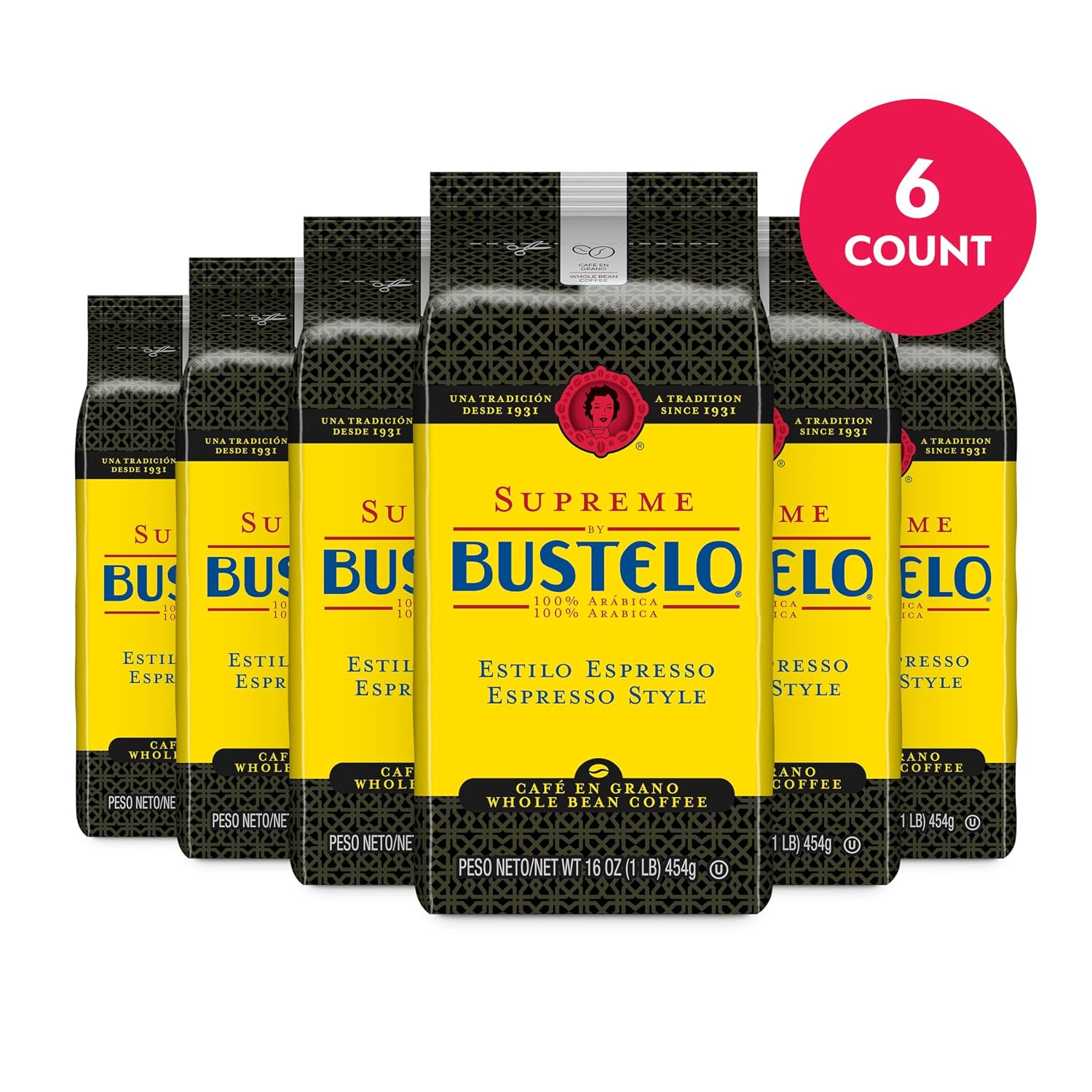 Café Bustelo Supreme by Bustelo Espresso Style Dark Roast Whole Bean Coffee, 16 Ounce (Pack of 6)
