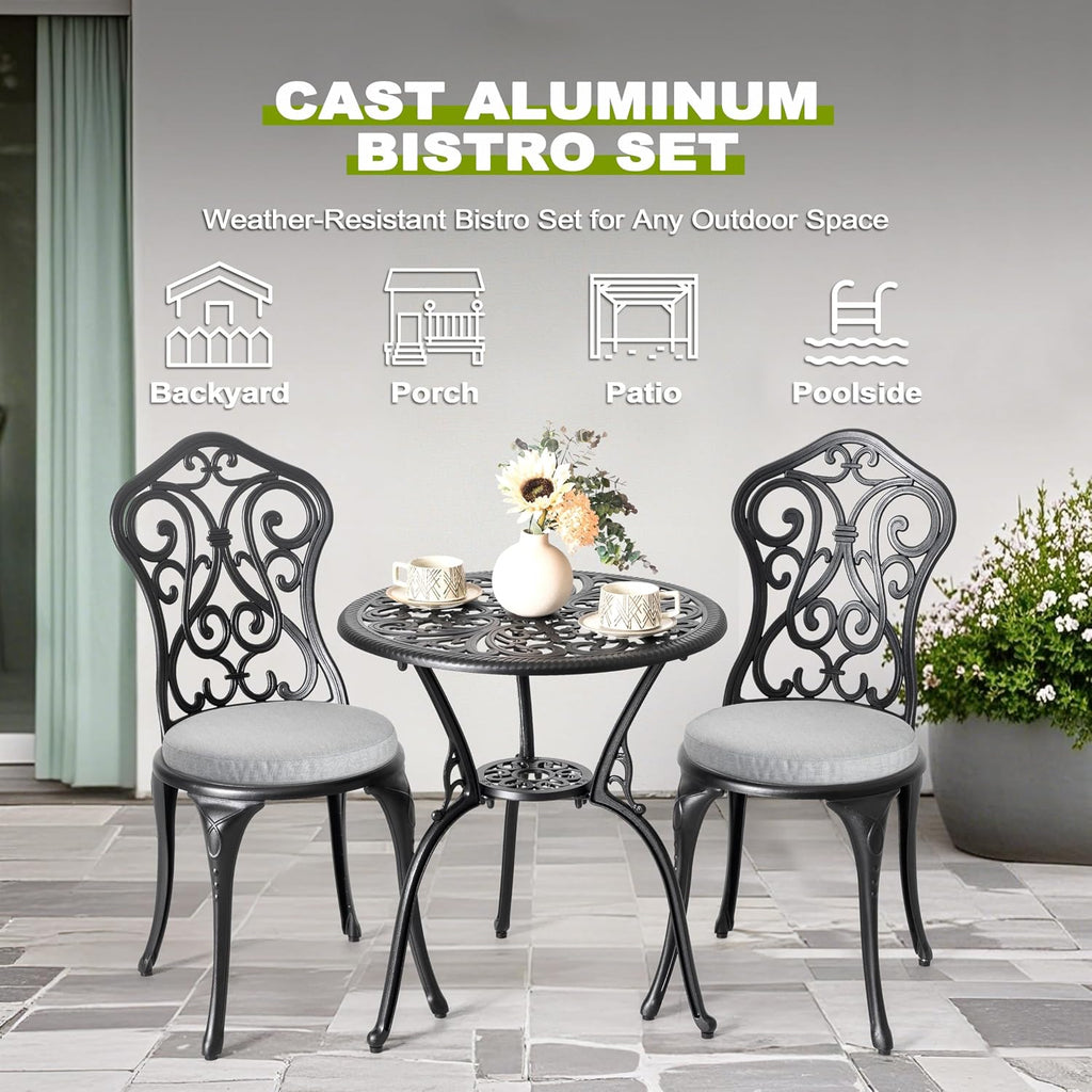 NUU GARDEN 3 Pieces Patio Bistro Set, Outdoor Bistro Set with 2 Chairs, Round Table with Umbrella Hole, Outdoor Bistro Set with Umbrella Hole and Grey Cushions, Black