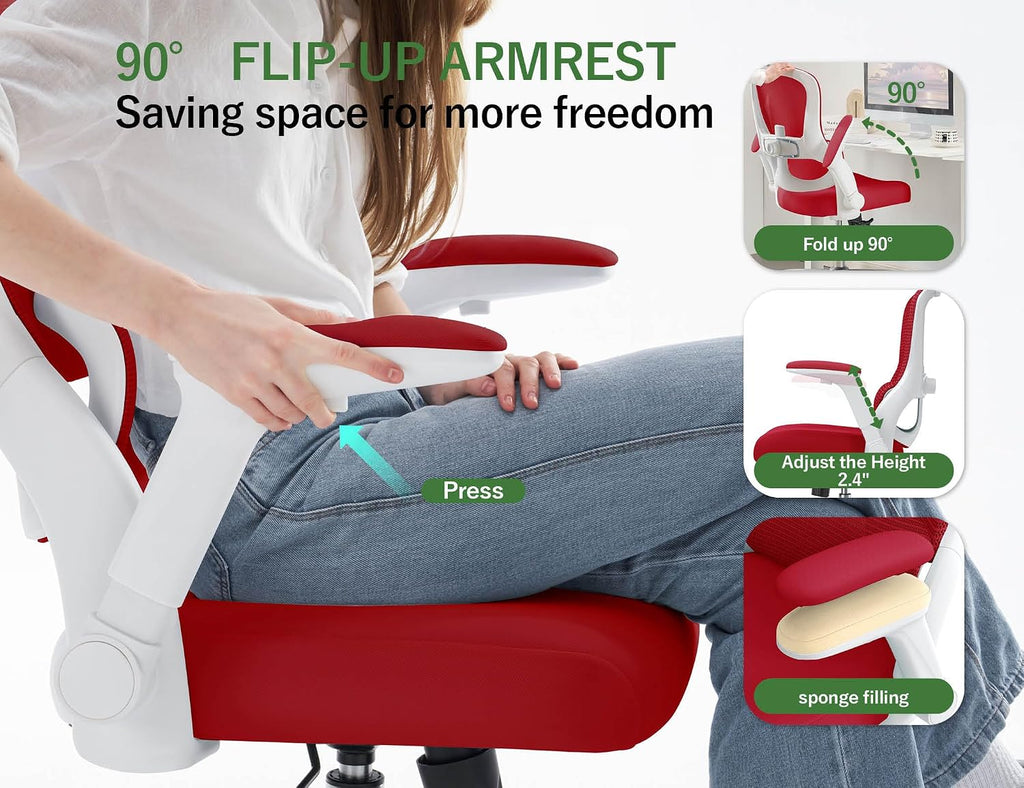 Office Chair Ergonomic Desk Chair Comfy: 400LBS Mesh Computer Chair Ergonomic Gaming Chairs with Wheels Adjustable Lumbar Support and Flip up Armrest-Swivel Executive Chairs Long Hours(Red)
