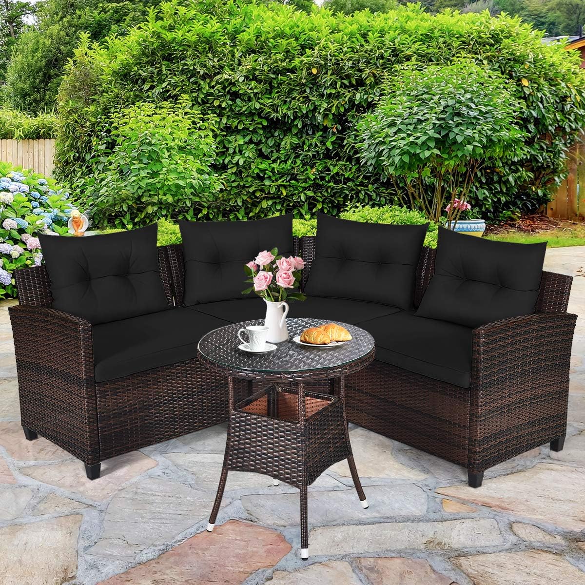 HAPPYGRILL 4 Pieces Rattan Patio Conversation Set, Outdoor Wicker Furniture Set with Cushioned Sofas and Coffee Table, L-Shape Sectional Curved Sofa Set for Garden Poolside Balcony