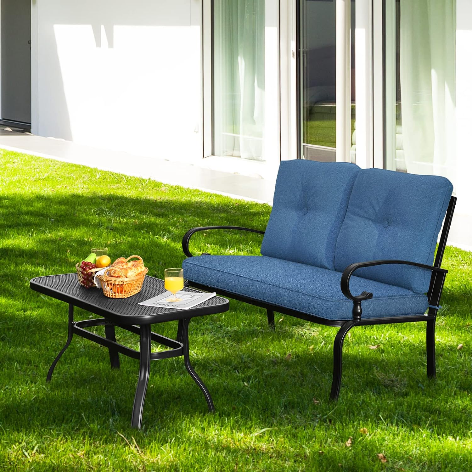 Giantex 2 Pcs Patio Loveseat with Coffee Table Outdoor Bench with Cushion and Metal Frame, Loveseat Furniture Set Sofa for Garden, Yard, Patio or Poolside