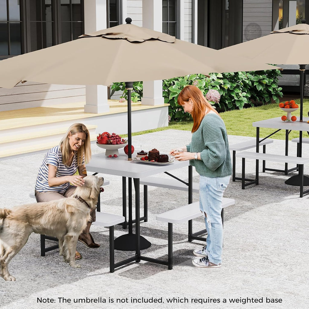 Giantex Picnic Table Bench Set for 4-8 People, 34' Outdoor Square Dining Table & 2 Benches w/Umbrella Hole, HDPE Tabletop, Metal Frame, Patio Camping Furniture for Backyard Porch Lawn (White,Square)