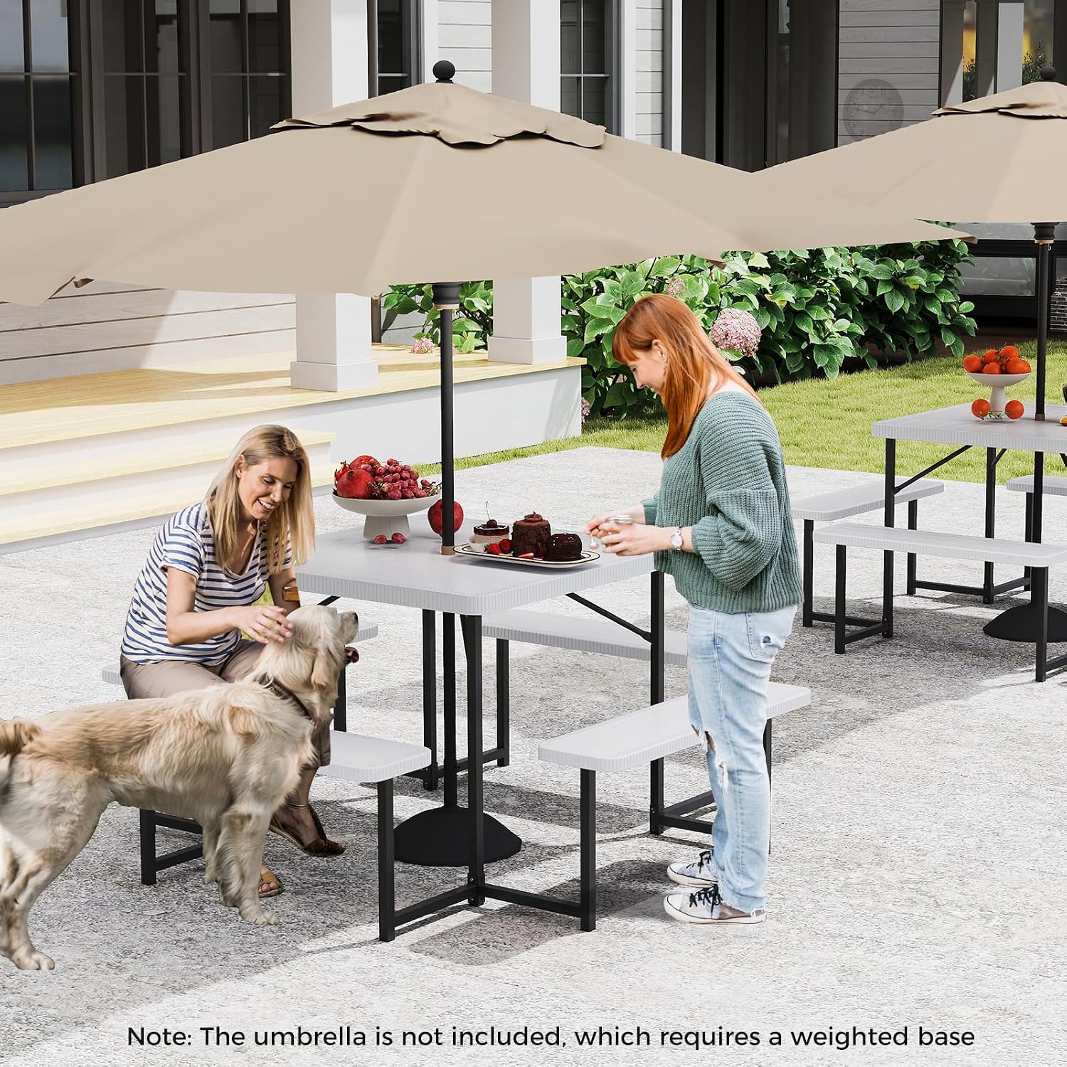 Giantex Picnic Table Bench Set for 4-8 People, 34' Outdoor Square Dining Table & 2 Benches w/Umbrella Hole, HDPE Tabletop, Metal Frame, Patio Camping Furniture for Backyard Porch Lawn (White,Square)