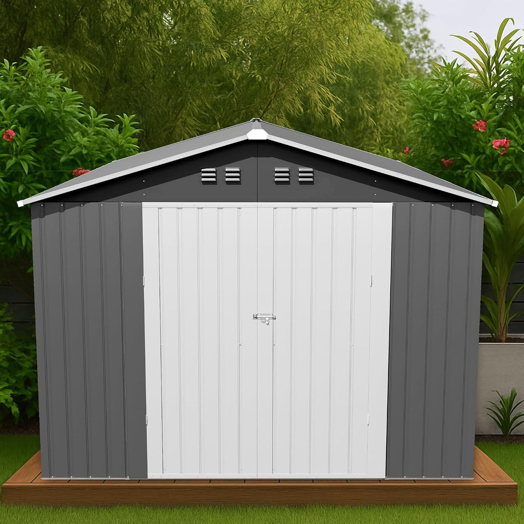 8x12 FT Outdoor Storage Shed Metal Garden Storage Shed Updated Frame Structure with Double Lockable Doors, Steel Anti-Corrosion Tool Sheds Waterproof for Backyard, Pool, Patio, Light Gray