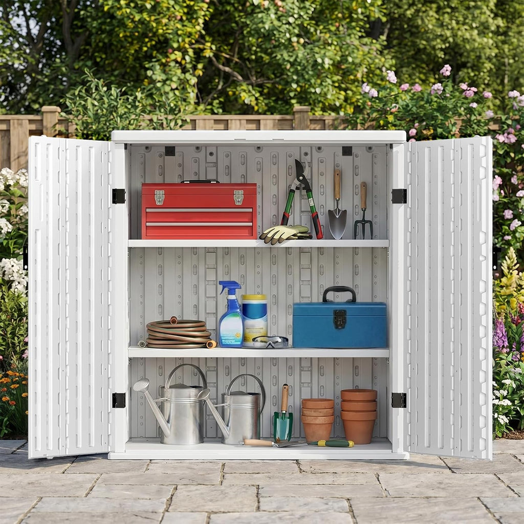 EHHLY Heavy Duty Small Storage Cabinet Outdoor Weatherproof, 14 Cuft Garage Storage Cabinet with 2 Adjustable Shelves, Lockable Kitchen Pantry Closer Organizer, 31Wx23Lx34H, Polar White