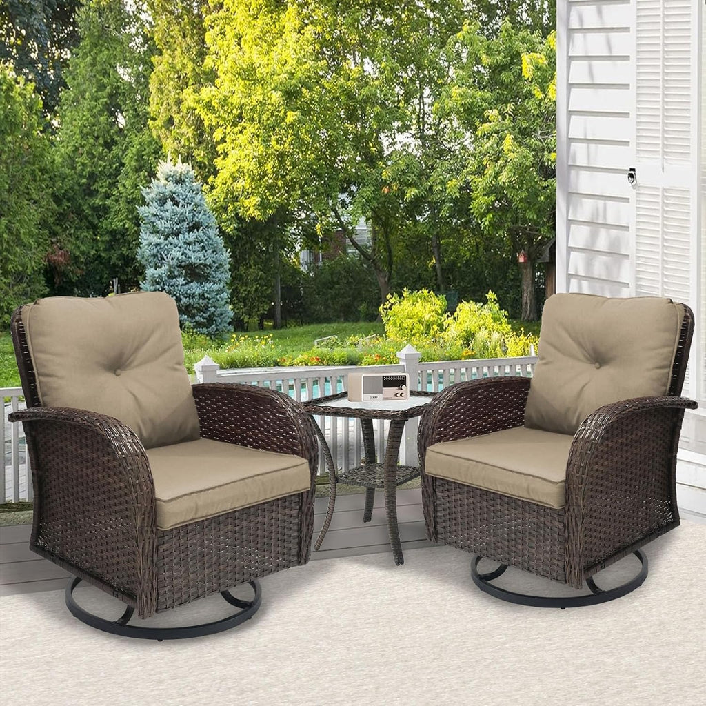 SHGJ&SOFT 3 Piece Patio Furniture Set, 2 Outdoor Swivel Rocking Chairs with Side Table, Wicker Glider Chairs, All-Weather Rattan Bistro Set for Porch, Deck, Pool (Brown, Brown Full-Weave Rattan)