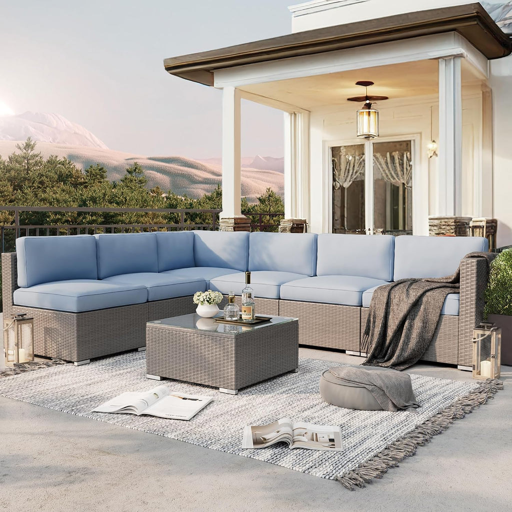 SUNCROWN Outdoor Patio Furniture Set 7 Piece Outdoor Sectional Sofa Grey Wicker Conversation Sofa Set with Coffee Table and Cushions (Light Blue)
