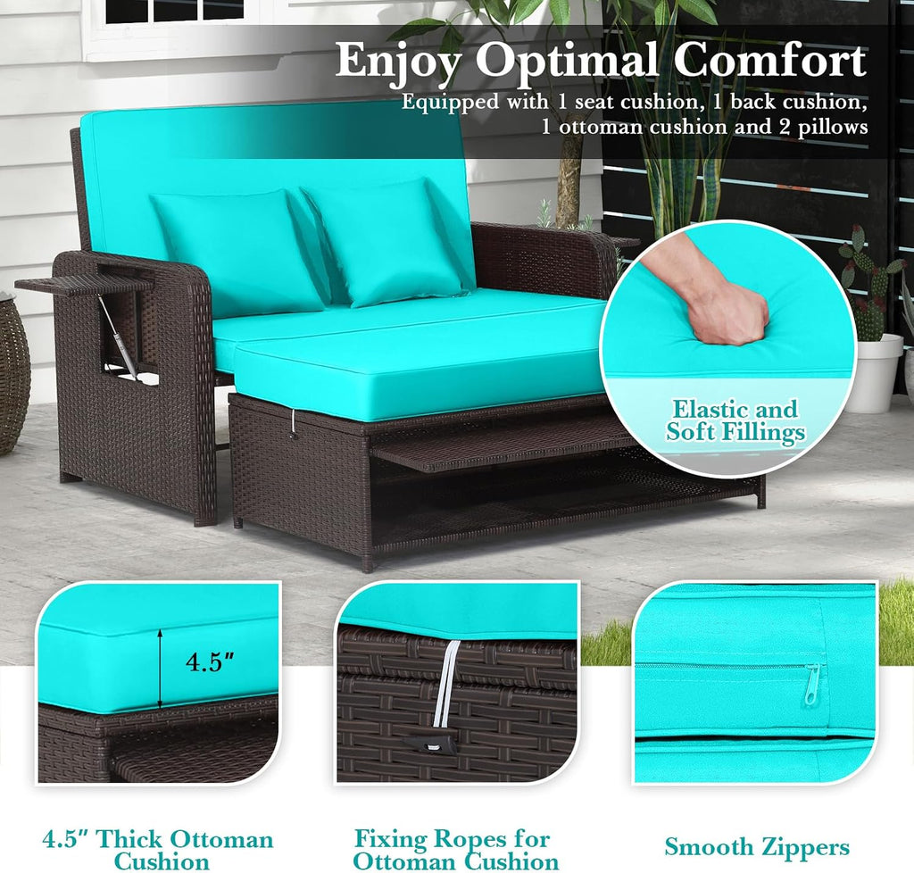 Tangkula Patio Rattan Daybed with 4-Level Adjustable Backrest, Outdoor PE Wicker Loveseat with Storage Ottoman & Folding Side Tray, Double Sunbed Lounger for Balcony, Backyard & Poolside, Turquoise