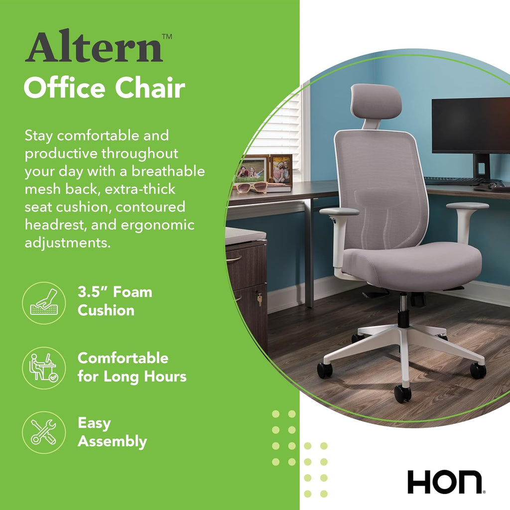 HON Altern Ergonomic Office Chair with Headrest, Mid‑Back Mesh Desk Chair, Adjustable Arms, Seat Slide, Synchro‑Tilt, Rolling Computer Seat for Home Office, White Frame, Peacock