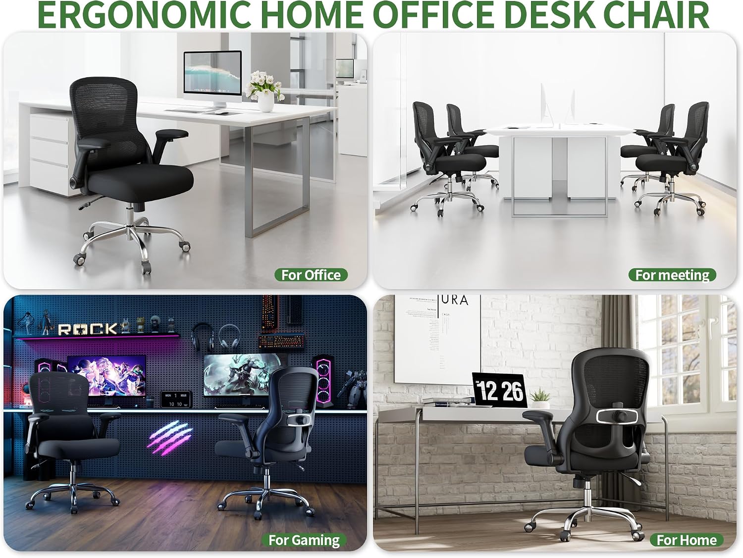 Office Chair Ergonomic Desk Chair Comfy: 400LBS Mesh Computer Chair Ergonomic Gaming Chairs with Wheels Adjustable Lumbar Support and Flip up Armrest-Swivel Executive Chairs Long Hours(Full Black)