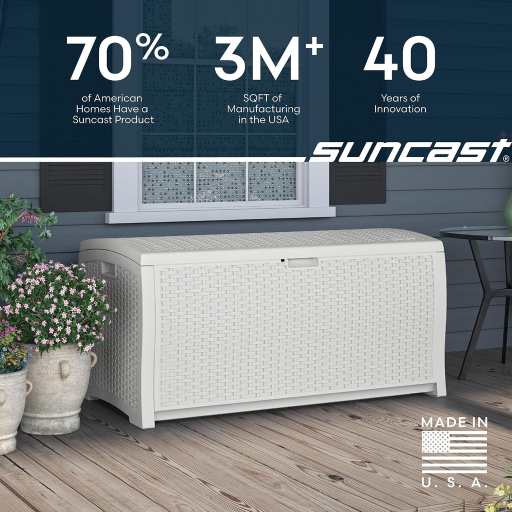 Suncast 99 Gallon Wicker Horizontal Outdoor Deck Box with Hinged Lid, Water-Resistant Storage Solution for Patio, Deck, Yard, and Garage, White, Made in the USA