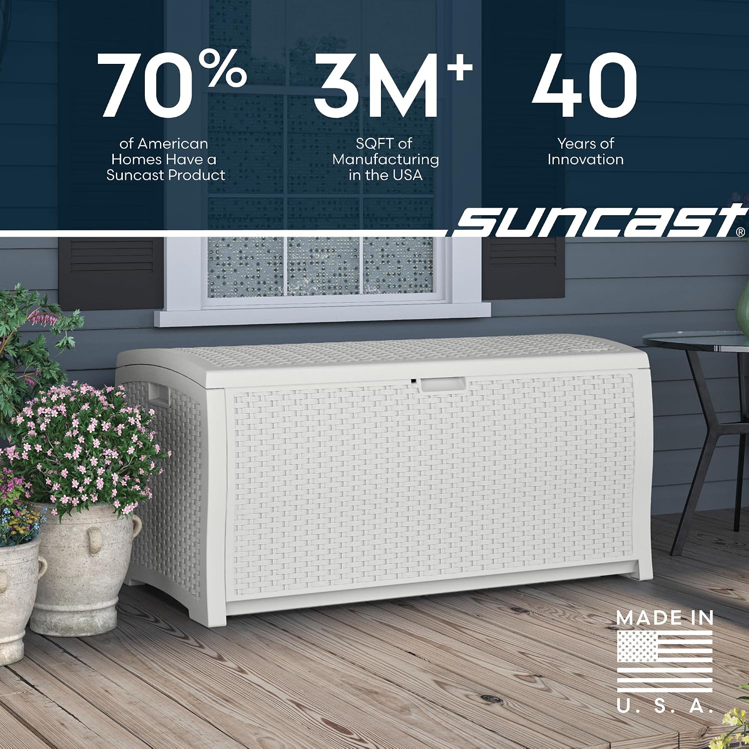 Suncast 99 Gallon Wicker Horizontal Outdoor Deck Box with Hinged Lid, Water-Resistant Storage Solution for Patio, Deck, Yard, and Garage, White, Made in the USA
