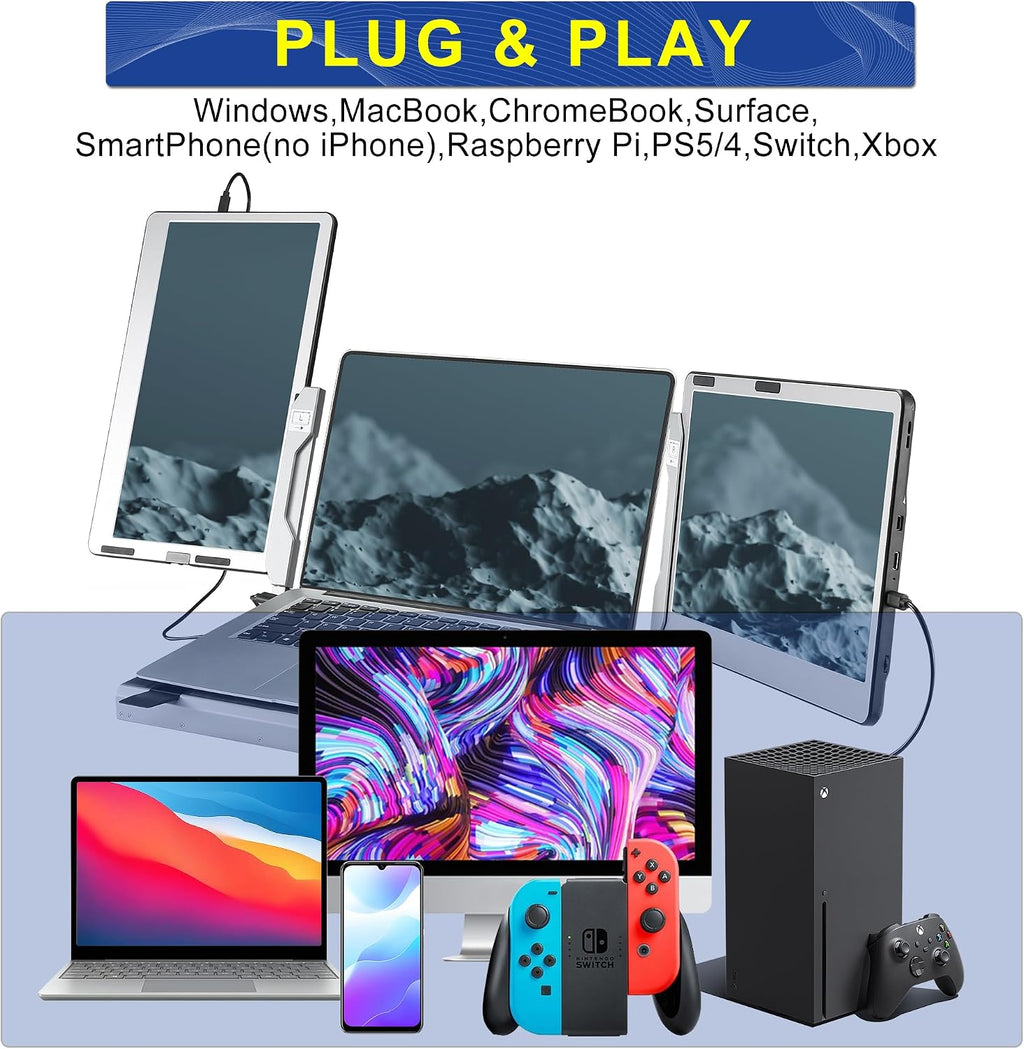 JoyReal F2 Laptop Screen Extender, 14'' 1080P Triple Portable Monitor for Laptop, 360 Rotating Monitor Desk Workstation with Multiple Laptops Stand for mac Windows Surface PS Switch